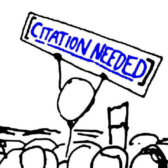 Stick-figure cartoon: One figure stands in a crowd holding a Wikipedia-style 
