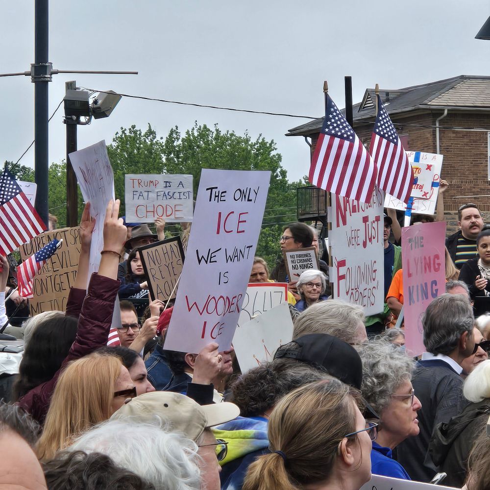 Crowd of people with signs and US flags. Sign in middle says THE ONLY ICE WE WANT IS WOODER ICE