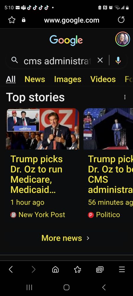 Search results showing Dr Oz has been nominated to head CMS and be in charge of Medicare and Medicaid.... 