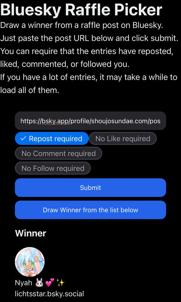 Image of Bluesky Raffle Picker website which shows the winner of Bluesky Fruits Basket Giveaway.