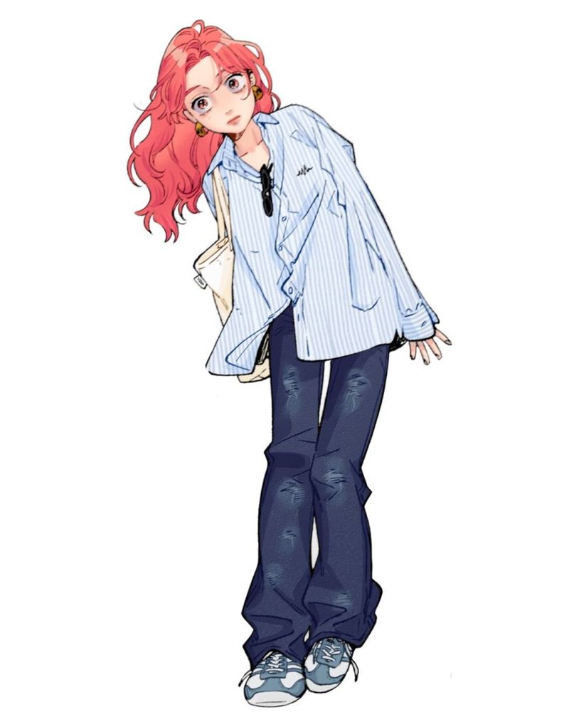 Anime-style drawing of Aya Oosawa wearing a light blue oversized striped button-up shirt, distressed dark blue jeans, and blue sneakers. She has long wavy reddish-pink hair, wide brown eyes, gold earrings, and sunglasses hanging from her shirt. She’s leaning forward slightly with a curious expression, carrying a cream-colored tote bag.