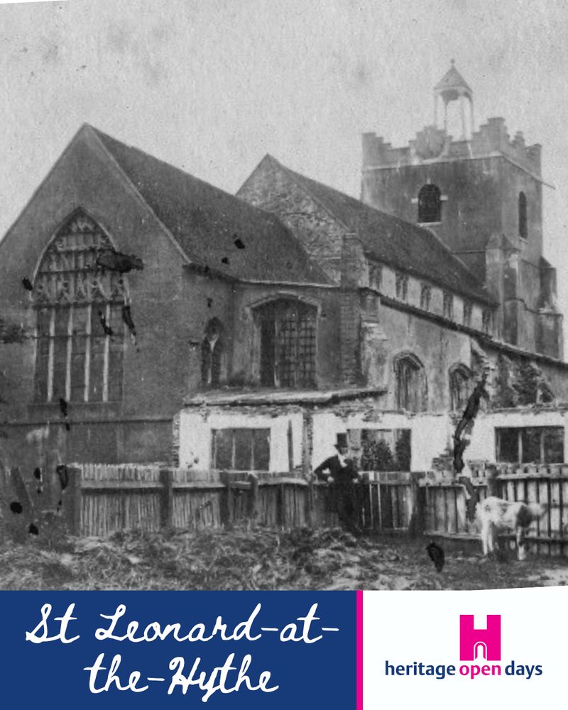 Black-and-white photograph of St Leonard-at-the-Hythe Church in Colchester. The image shows a partly ruined structure with Gothic windows, a square tower, and a man in a top hat standing beside a calf in the foreground.