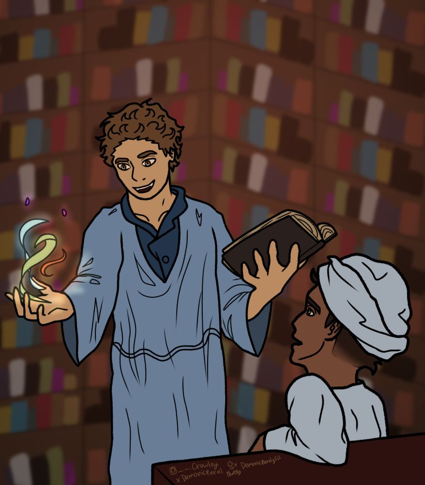 Damian wayne sitting with his head turned away from the viewer, propping his left elbow up on the table behind him. He wears a light blue gallibaya and turban. He looks at Khalid nassour who is standing infront of damian, wearing a medium blue gallibaya and a dark blue undershirt. In his left hand, he holds an opened book. In his right hand, he is showing damian some simple, colorful magic. The background is all bookshelves filled with books.