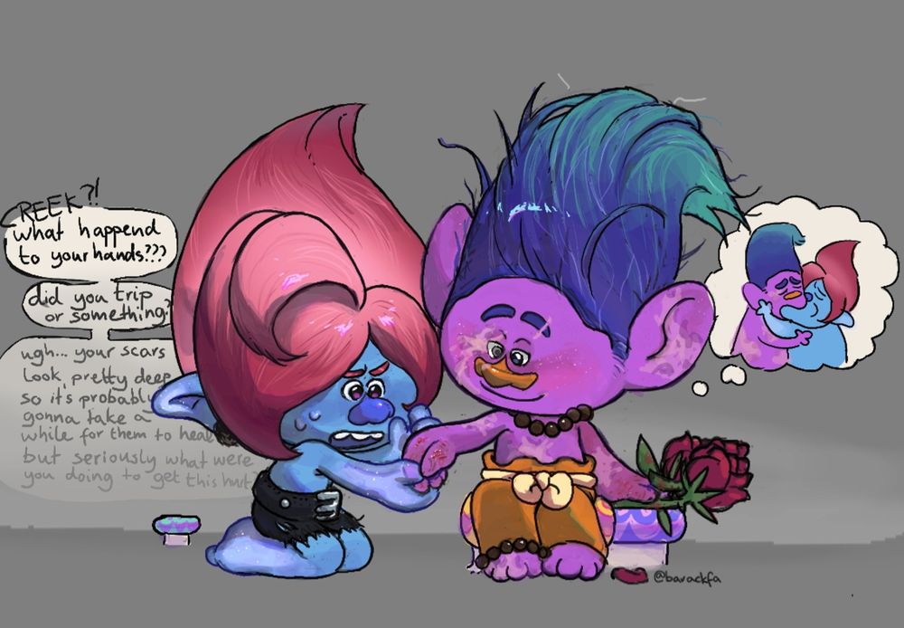 A fanart of Creek and Floyd. Floyd is holding Creek's hand while saying: 
"CREEK?! what happened to your hands??? did you trip or something? ugh... your scars look pretty deep so it's probably gonna take a while for then to heal. but seriously what were you doing to get this hurt?"