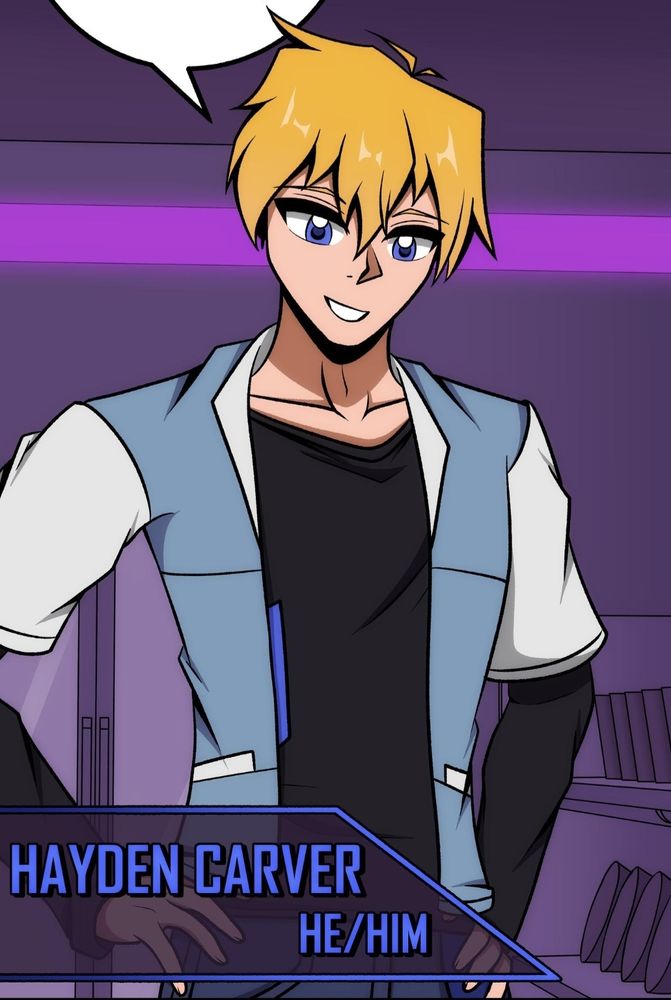 A panel from my webcomic, M.I.A Remembrance introducing Hayden (he/him)