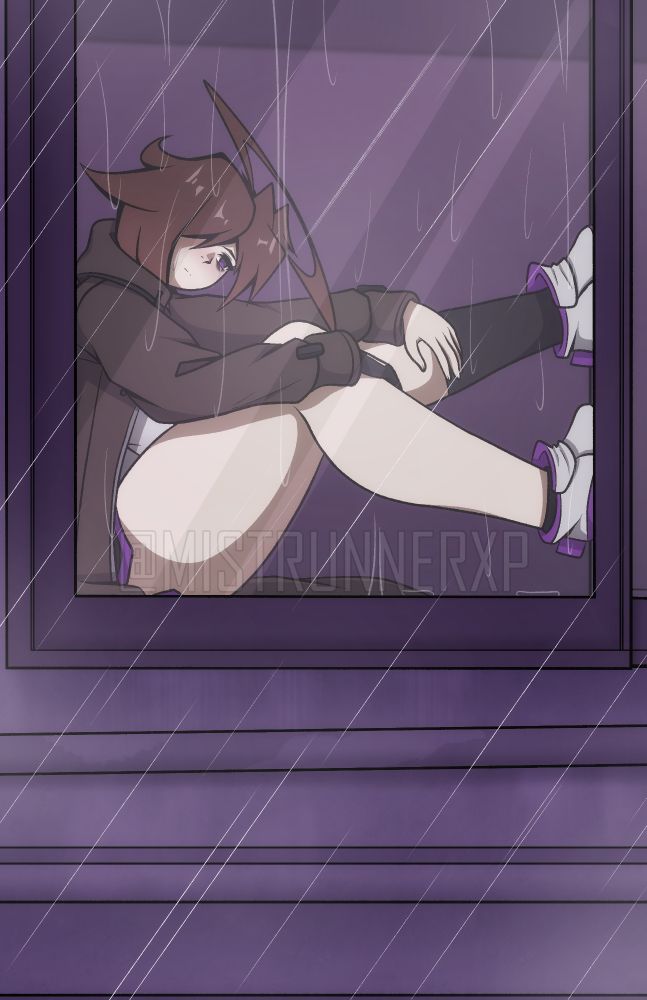 Mia(They/Them), the protagonist of my webcomic, M.I.A Remembrance, sitting sadly at a window looking out at the rain.