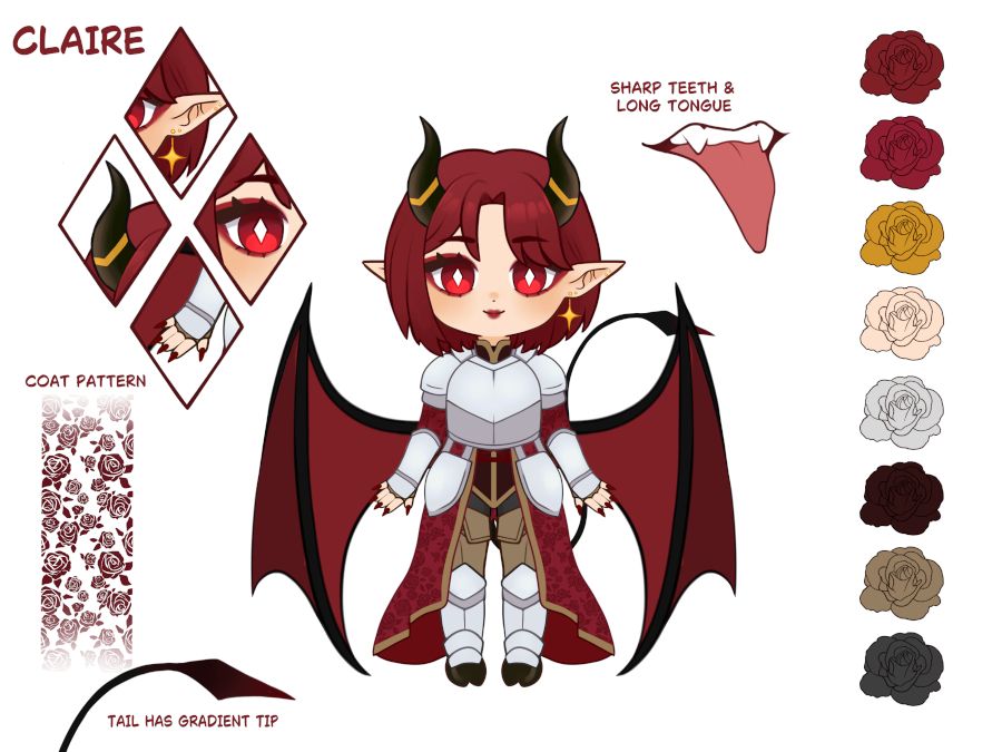 Chibi style front reference sheet of Claire, the red-themed succubus spelllsword.