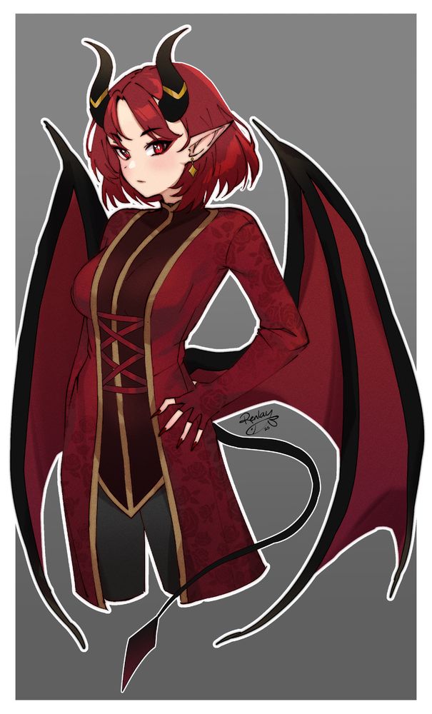 A half-body of a red-themed succubus with a serious expression.  Featuring red and black wings, black horns, and a black tail that ends in a red gradient on the tip. Vermilion hair, eyes, and robe. The robe has a rose floral pattern. Grey pants and a burnt-red leather shirt under the robe.  Gold bands on the horns and a gold earring hanging with a diamond shape.
