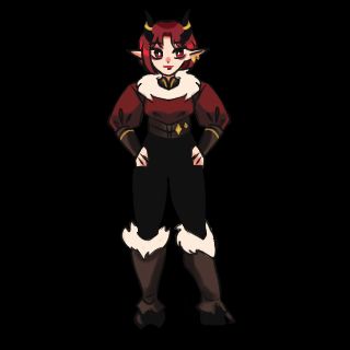 Claire as an imp with a different outfit. This was part of a series of Imps done by Lunsei for people. Here, we see a more floofed red shirt and black pants with brown forearm braces, a brown belt, and brown boots. The boots don't have feet and show off the hooves. The boots and shirt have fur lining. Gold accenting is seen around the brown waist and bracers.