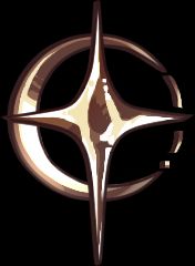 Art of a crest - a gold compass-rose style star with a gold circle behind it. The circle is thicker on the left side and without a complete connection in a couple spots on the right side.