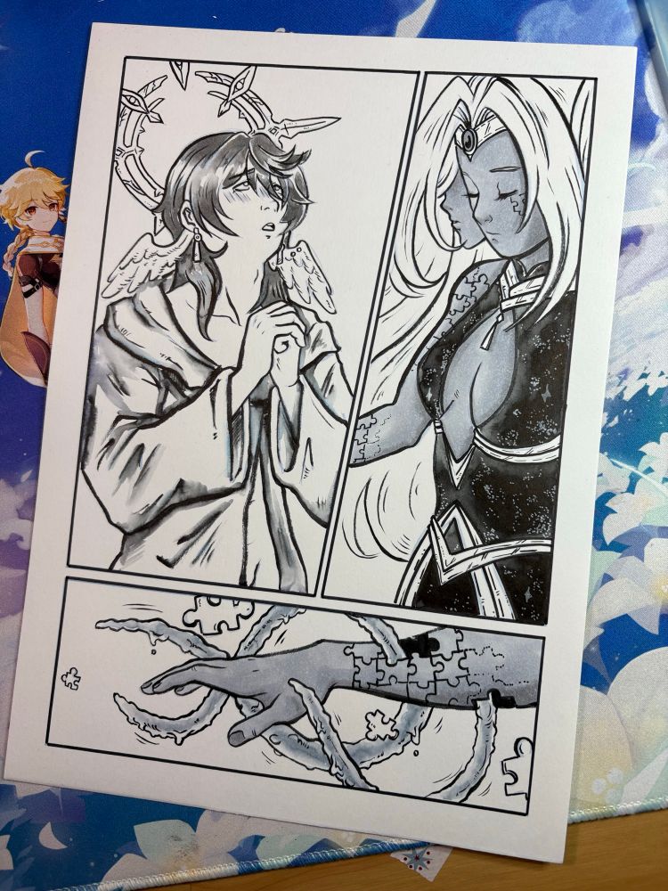 A photo of a comic page showing Sunday from Honkai Star Rail praying to Xipe. She extends her hand and tentacles sprout out of her arm. 