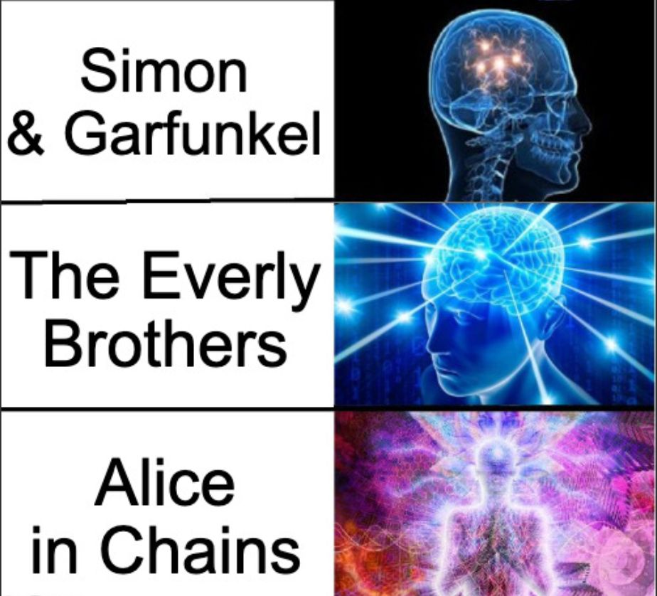 A dumb galaxy brain meme with three levels. The lowest level with a brain that is merely glowing says "Simon & Garfunkel"; the second level, at which the brain is firing off beams of light, says "The Everly Brothers"; the third and highest level, which seems to depict a human conscious ascending to enlightenment via a blue and red glow, says "Alice in Chains."