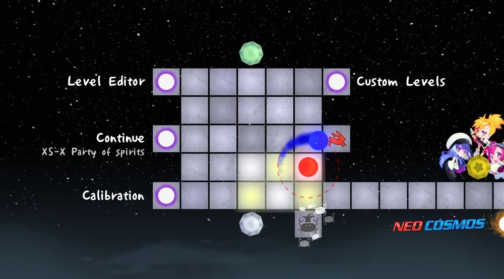 Screenshot of the main menu screen from A Dance of Fire and Ice on Steam. In addition to the usual choices like "Level Editor" and "Calibration", there is now a new tile in the lower right corner. The tile has the inscription of a crab wearing a jester hat, with white crab particles flowing out of it.