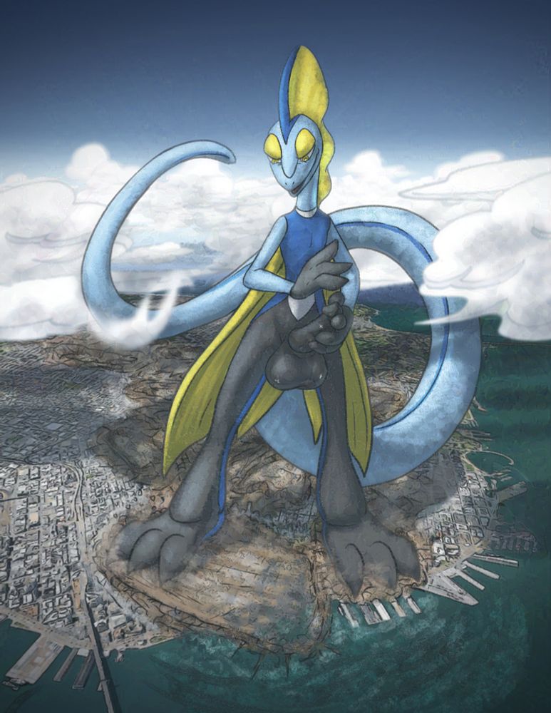 A multimile tall stylized Inteleon looming over San Francisco, having just stomped downtown and dragged his foot across the entire district, leaving nothing but ruin and destruction in his wake. He's VERY happy to be crushing the little humans, several planes visible stuck to his shaft and balls.