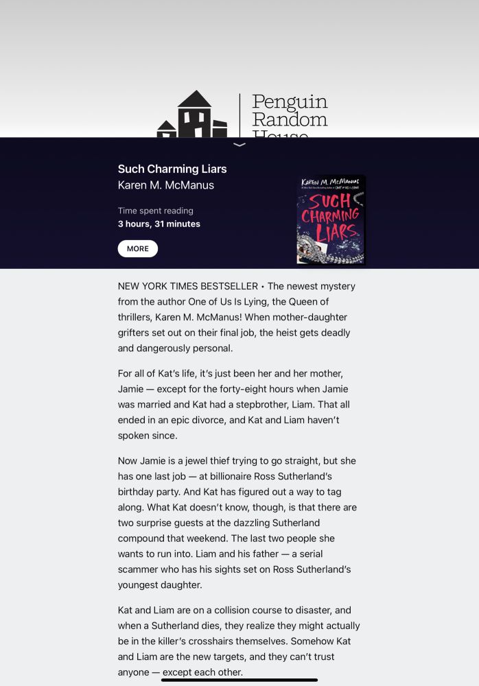 Screenshot of Libby app showing Such Charming Liars by Karen M. McManus
