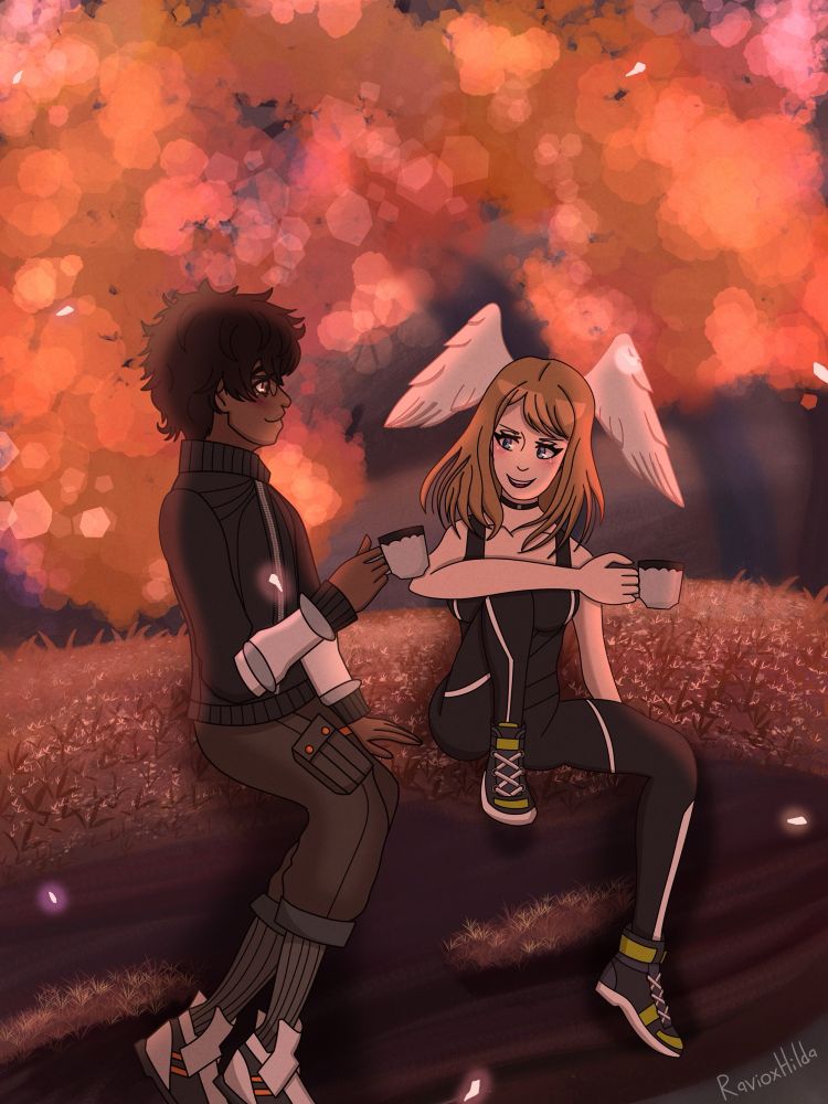 An artwork of Taion and Eunie from Xenoblade Chronicles 3 sitting together on a cliff overlooking the Lost Colony while drinking tea.