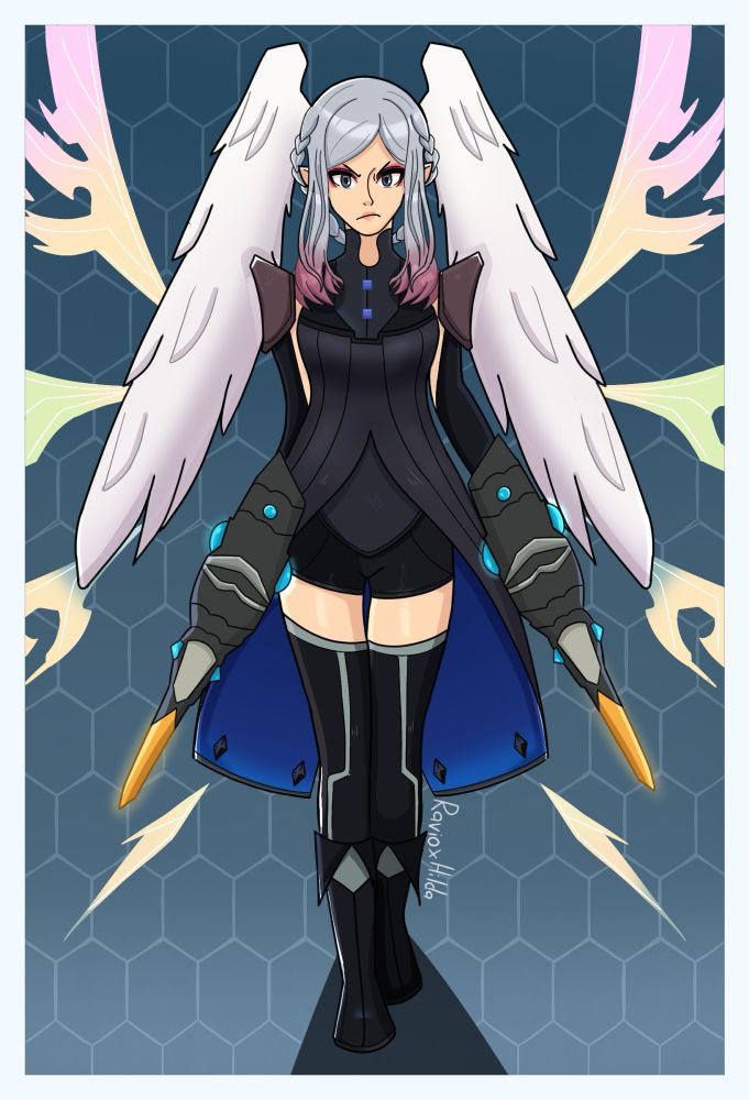 An artwork of Tyrea from Xenoblade Chronicles redesigned to fit into the Xenoblade Chronicles 3 universe. She's wielding her dual blades with Telethia wings pictured behind her as she walks angrily towards the viewer. The background is a blue gradient with a hexagonal pattern and white border. 