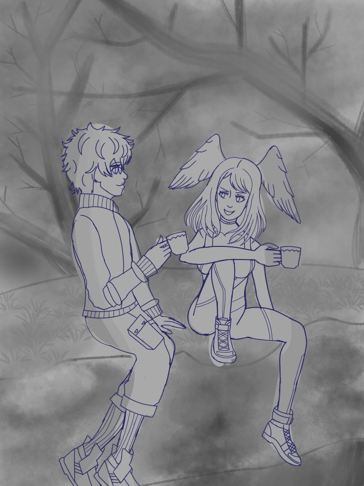 An black and white sketch of Taion and Eunie from Xenoblade Chronicles 3 sitting together on a cliff overlooking the Lost Colony while drinking tea.