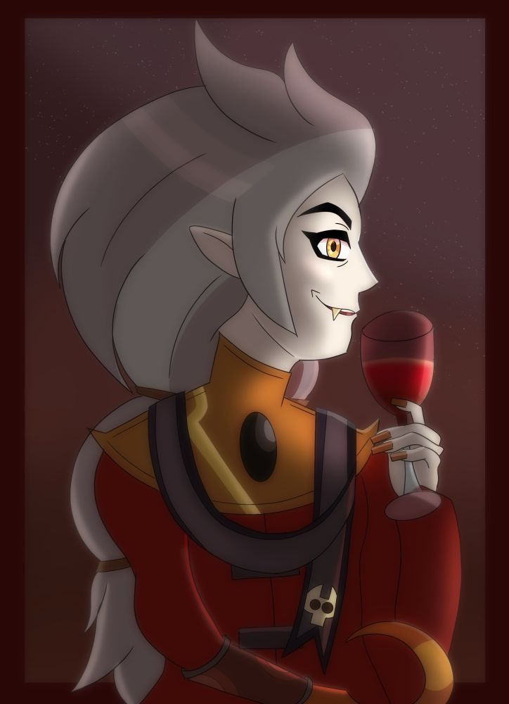 An artwork of Eda Clawthorne from The Owl House in her series finale outfit holding a wine glass filled with apple blood with smirking at the viewer. The background is a red gradient. 