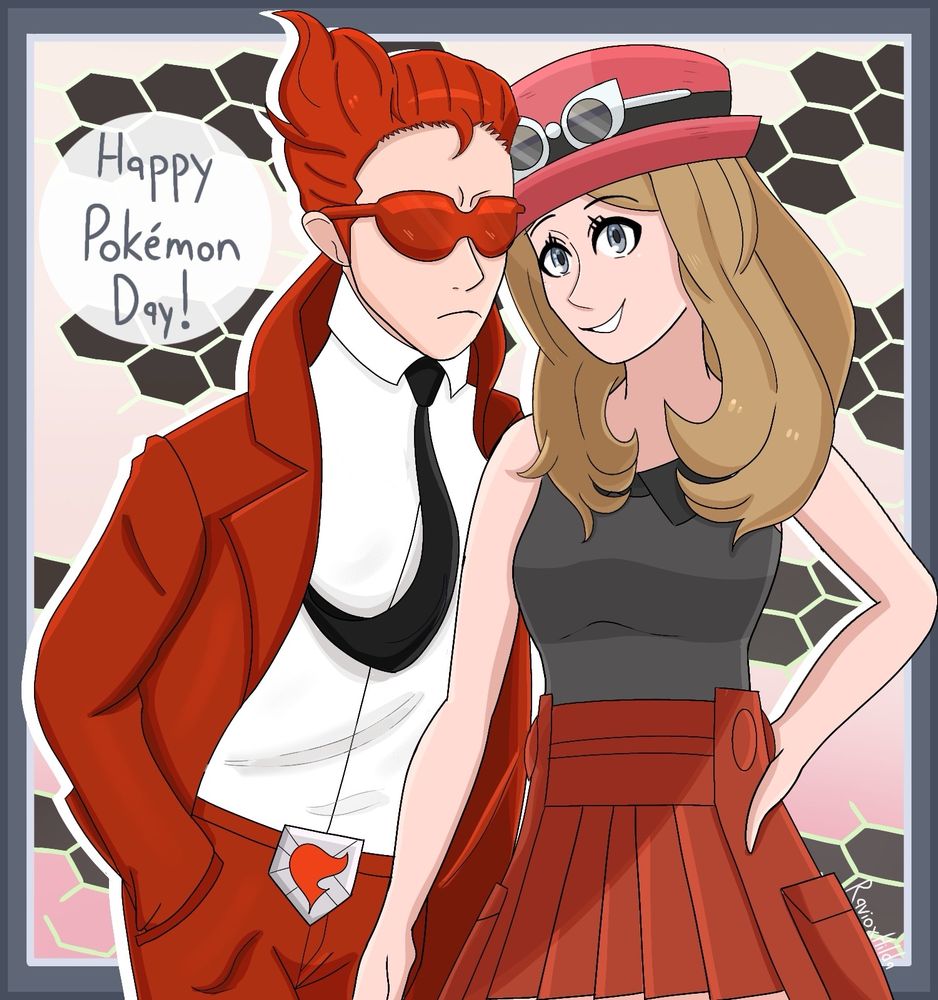 An artwork for Pokémon Day 2025 of Serena and a male Team Flare Grunt from Pokémon X and Y. They are facing towards the viewer with Serena smiling and the Team Flare Grunt glaring at the viewer. The background is a light pink gradient with grey hexagonal patterns scattered and a grey border.