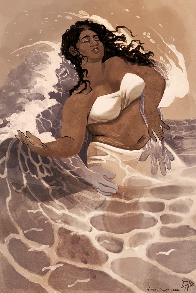 A lyrical watercolor piece depicts a curvy (or plus size or fat) Pacific Islander woman engaging in dance in hip-deep water. A wave, personified with gentle caressing hands and arms, crashes onto her back and shoulders, kissing the skin there delicately. It's implied that this is a large woman, as a flock of seagulls flying in V-formation fly above the water, and are much smaller than her. 