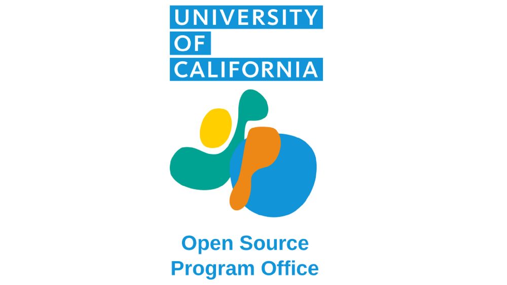 University of California in white capitals on blue blocks above a multicolored abstract shape and the text Open Source Program Office.