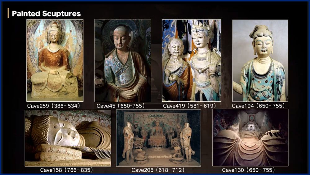 a group of 7 photos of painted sculptures from the caves in China, each with the cave number and date