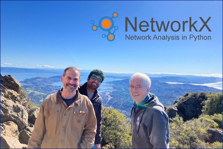 three people at the top of hill with the San Francisco Bay in the background and the NetworkX logo overlayed
