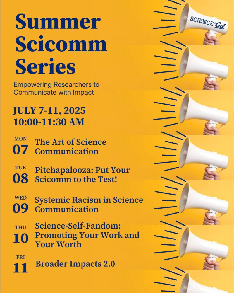 Summer SciComm Series flyer that lists each day and the topic for the week of July 7, with megaphones used as graphic elements