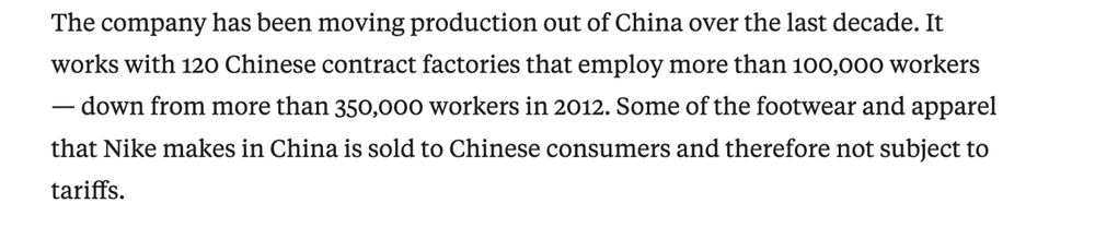 A quoted block of text from a ProPublica story showing that Nike reported employment at its suppliers in China dropping from more than 350,000 in 2012 to more than 100,000 this year.