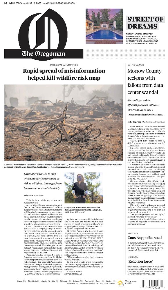 The front page of the Wednesday, August 13, 2025 Oregonian newspaper.