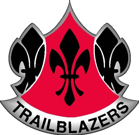 The insignia of the 70th Infantry Division of the United States Army, known as the Trailblazers. The crest shows a black fleur-de-lis on a field of red, accompanied by a partial fleur-de-lis on both the left and right. The Trailblazers were active on the European front in World War Two. The division sustained significant casualties, including 755 dead and 54 missing in action. Among the MIA were Dianne’s great-uncle, whose last letters home were redacted to such a point that only articles and adjectives were left.