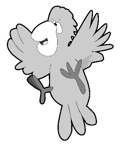 A grayscale illustration of a cartoonish parrot. The bird looks quite jovial. But I assure you, Rod says to his jailor, Petey’s as vicious as they come. The jailor scoffs and slams the cell door on Rod. The bird suddenly darts from his perch upon Rod’s shoulder and squeaks across the cell’s threshold before the heavy steel door closes shut. Less than ten seconds later the jailor lays in agony on the concrete floor, his eye sockets a bloody mess. Petey grabs a ring of keys from the jailor in his beak and delivers them  to Rod, squawking, “Time to fly, time to fly.”