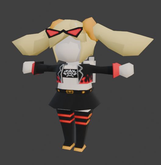 A Low poly, chibi model of burnice from the game zenless zone zero. she is, as of yet, unfinished.