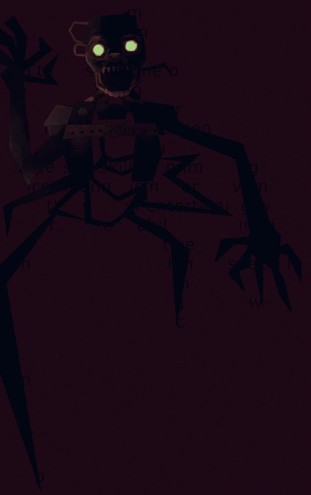 a drawing of the mimic from five nights at freddys. the drawing is entirely a maroon tone which makes the features of the robot hard to see, and the easiest to see parts are it's robotic face that seem to be a brown color, with its jaw open showing sharp teeth on the top lit up by its yellow eyes. from the torso down the image gets the more distorted and less detailed, with wacky shapes instead of robot parts. random letters are scattered in the background behind these shapes not forming any clear words.