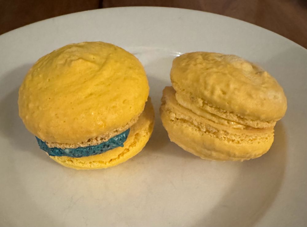 2 macarons on a white plate. The left hand one has blue filling and the right hand has light orange filling.