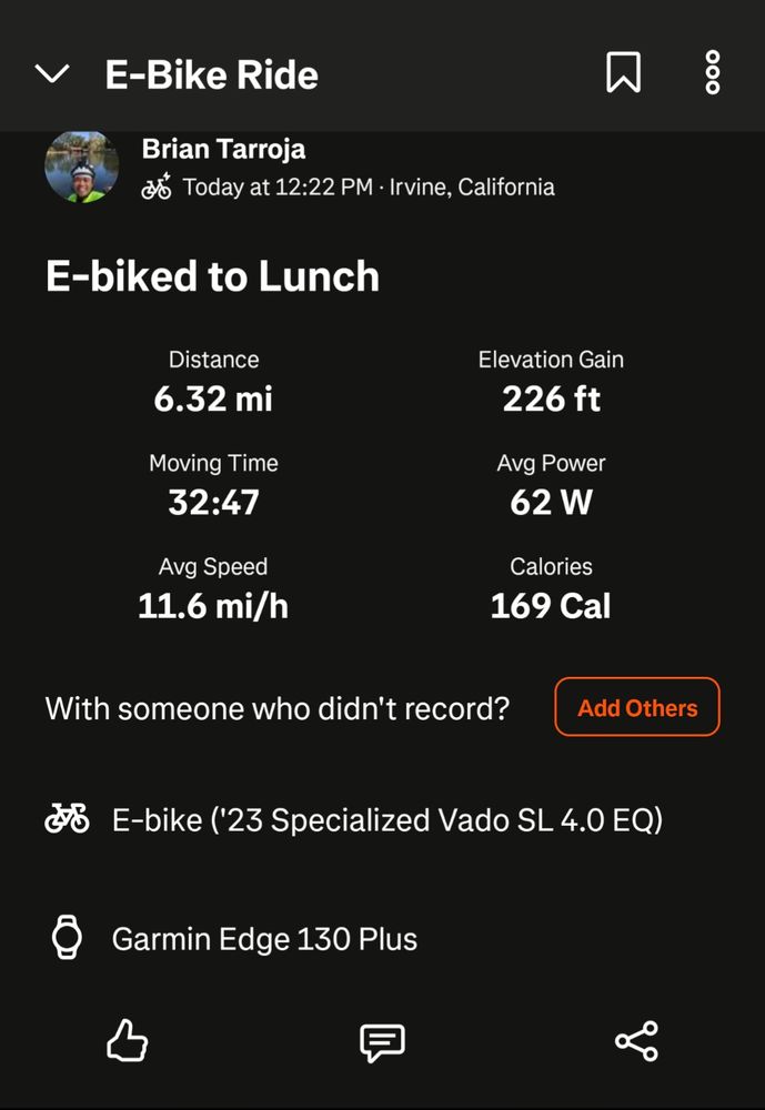 A screenshot of the app Strava showing statistics for a 6.32 mile electric bike ride