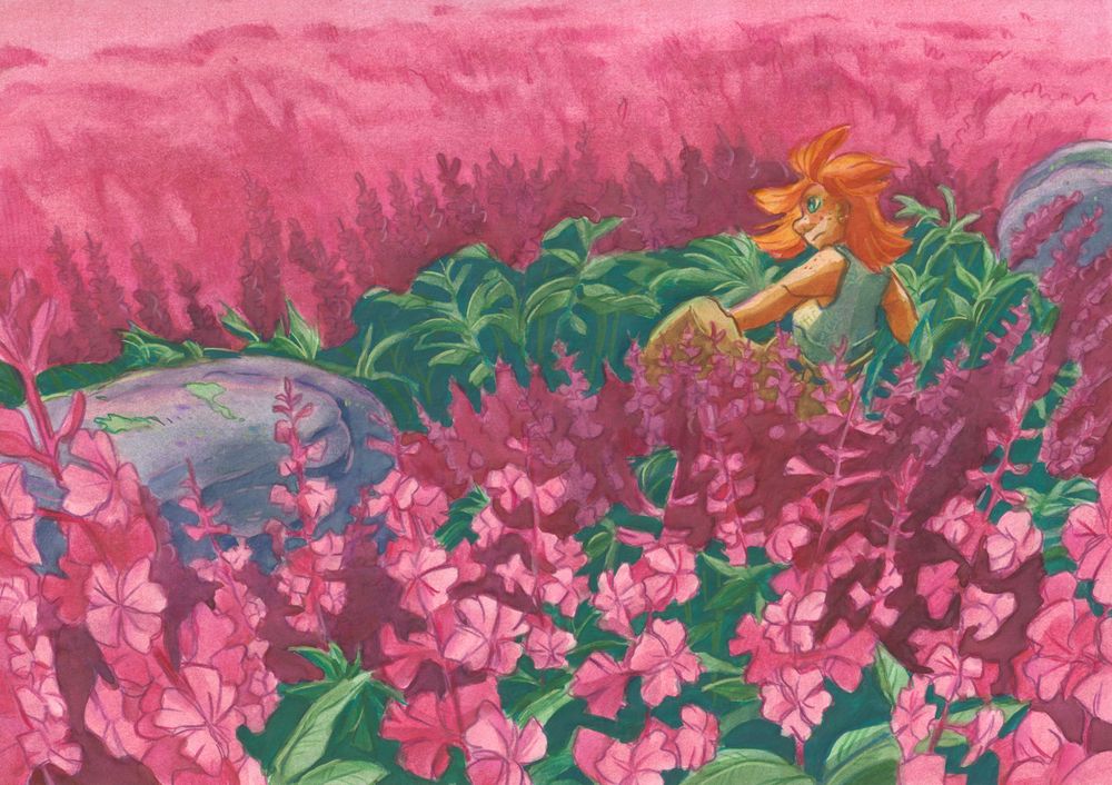 A watercolor-gouache painting depicting a young, red-haired woman (original character) sitting in the middle of a very red fireweed flower field.