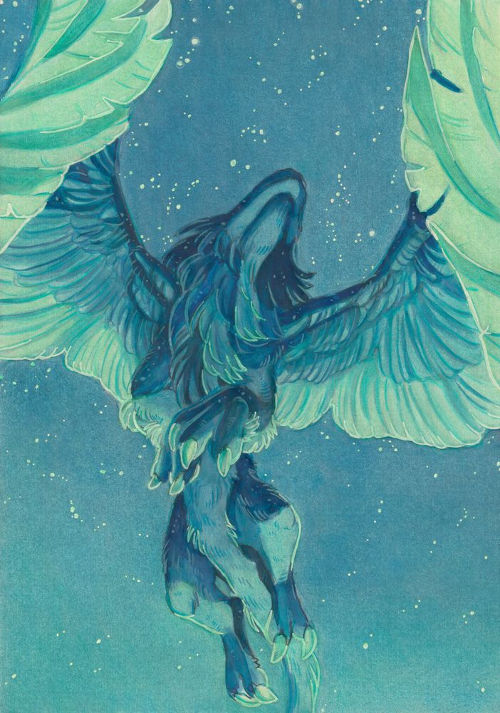 A watercolor-gouache painting depicting Louhi (an original dragon character) flying up in the the starry sky, his fur sparkling like the night sky that is framing him.