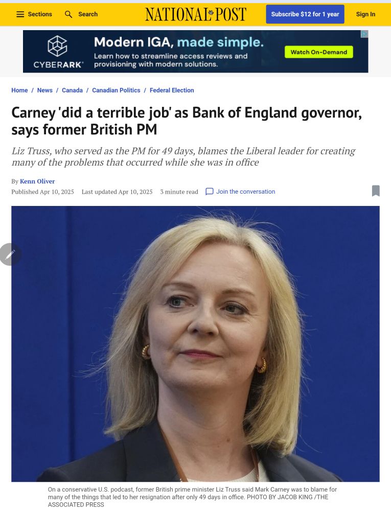 Liz Truss, former British PM, speaking on a podcast about her brief tenure and Mark Carney's performance at the Bank of England.