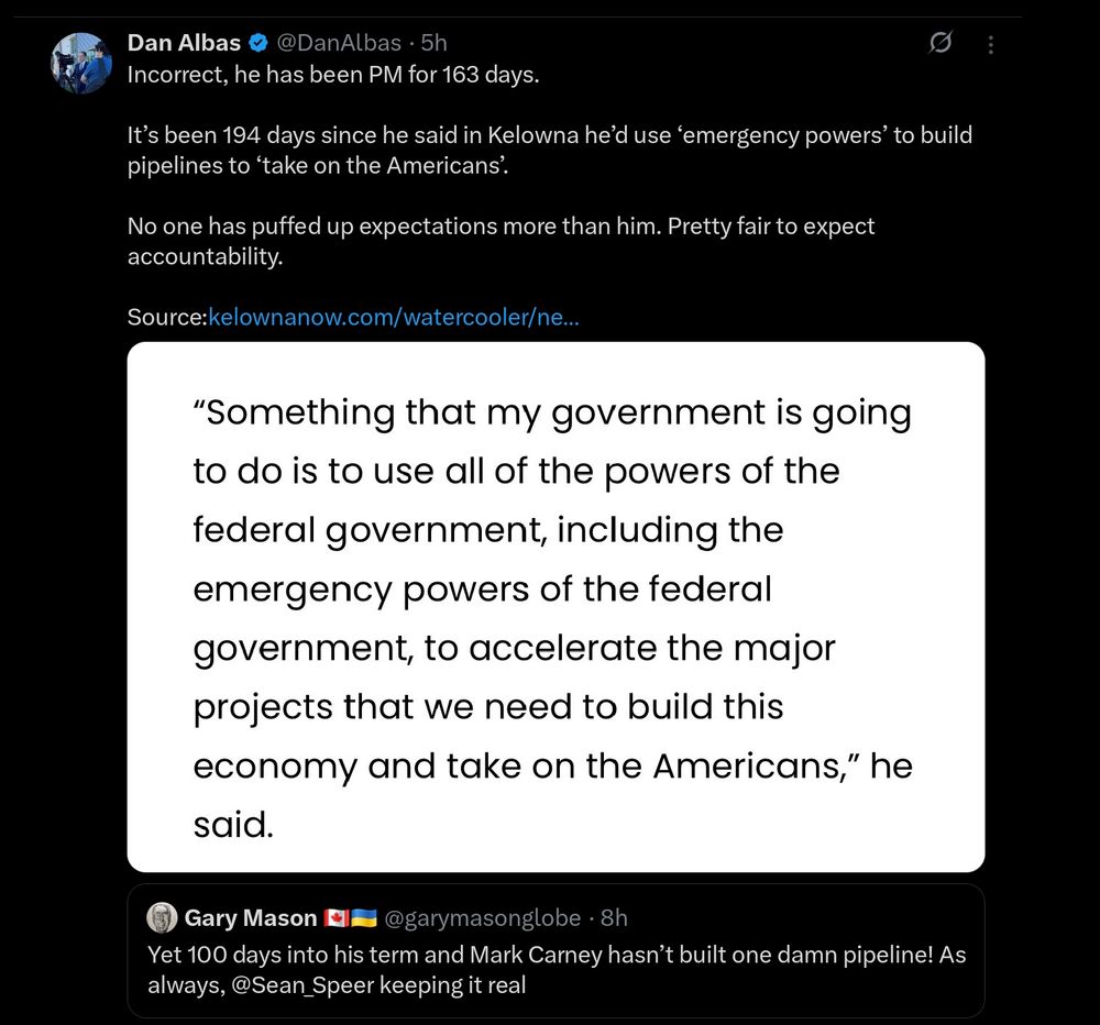 CPC politician posting a lie. A Twitter exchange about a government leader's promises regarding emergency powers to build pipelines. Users express skepticism and accountability.