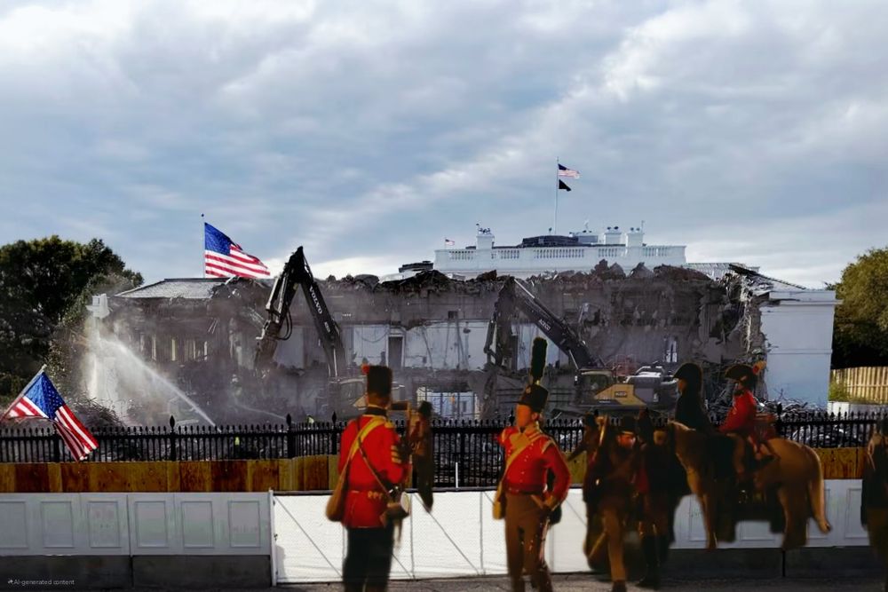 Historical scene of the White House under demolition with onlooking soldiers in uniforms, American flags waving in the background.