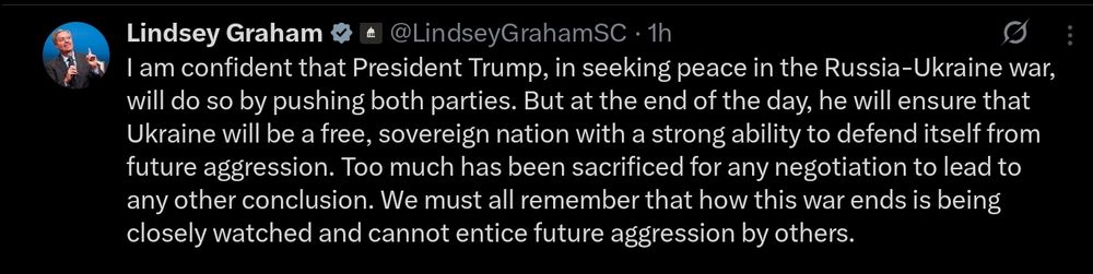 Tweet from Lindsey Graham discussing Ukraine's sovereignty, peace efforts, and the importance of returning abducted Ukrainian children.