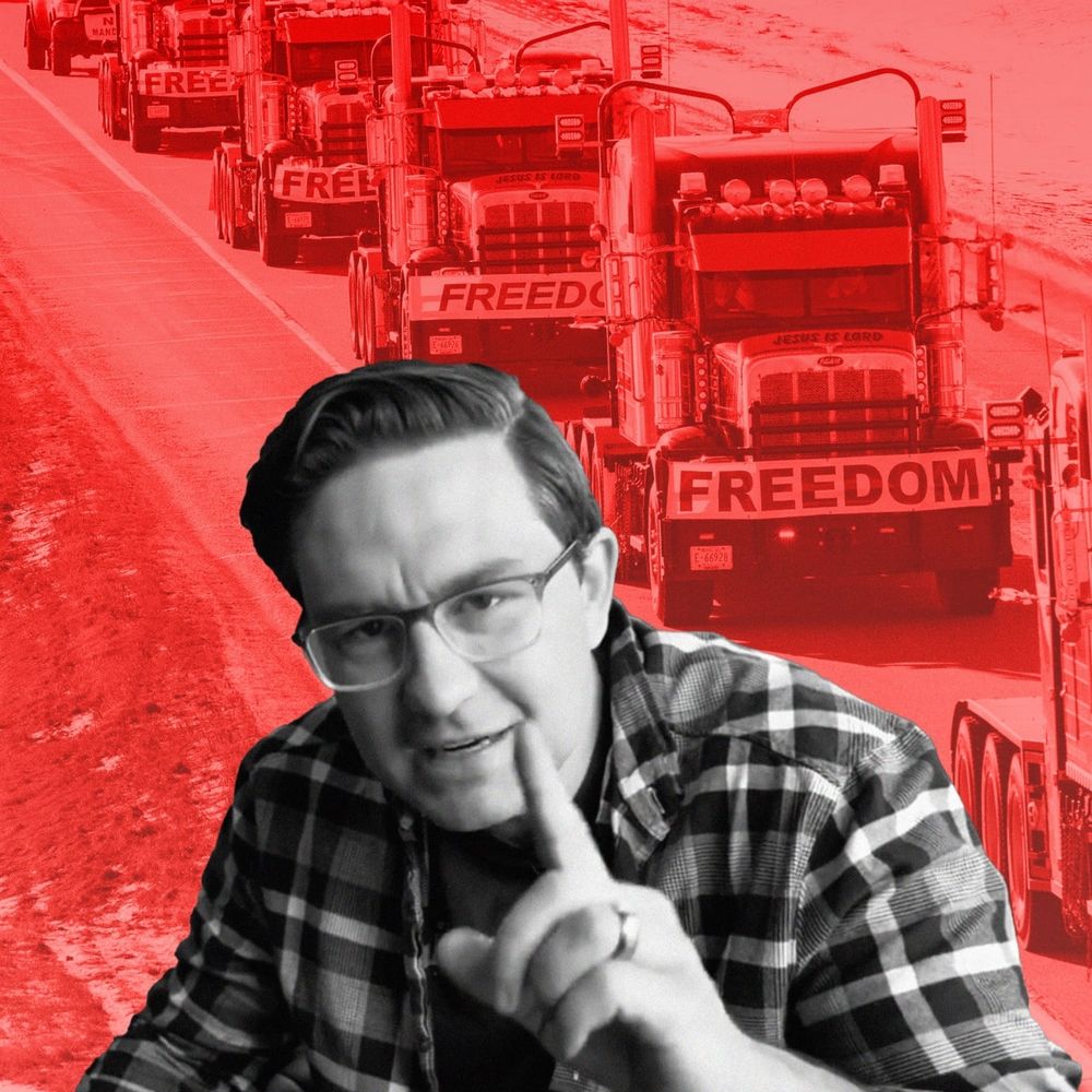 A man in a plaid shirt gestures emphatically, with a row of trucks displaying "FREEDUMB" driving along a vibrant red background.