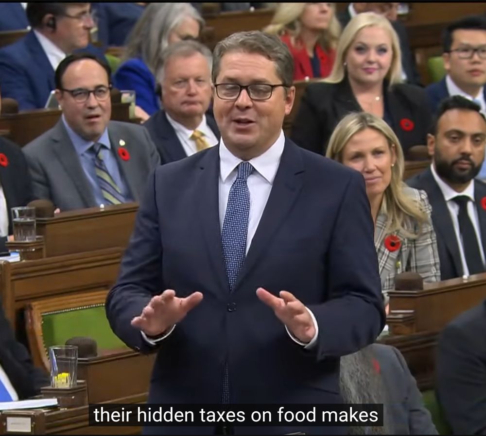 A man in a suit lies while addressing a parliamentary session, with attendees in the background wearing poppy pins.