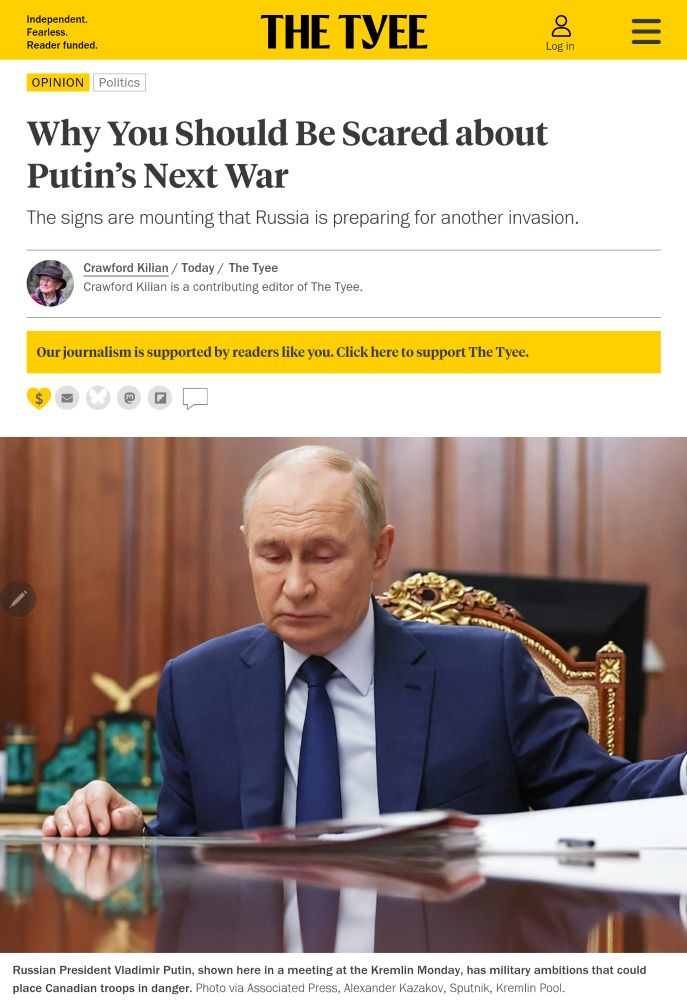 Russian President seated at a meeting in the Kremlin, discussing military ambitions and potential threats to Canadian troops.