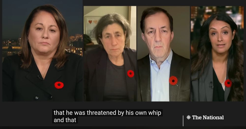Four news panelists wearing red poppy pins discussing a topic, with a city skyline visible in the background during evening hours.