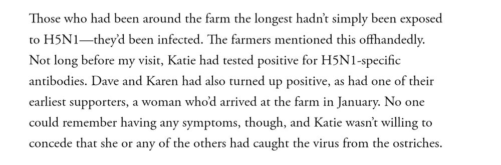 Text excerpt discussing H5N1 infections among farm workers, highlighting positive test results and lack of symptoms.