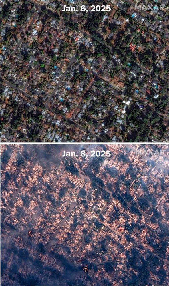 Satellite image of the destruction that occurred in one neighbourhood comparing January 6th and January 8th 2025
