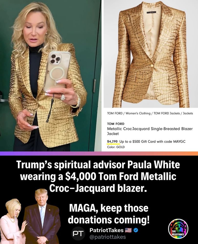 A woman is holding her phone while wearing a $4,000 gold metallic Tom Ford Croc-Jacquard blazer in front of a green background.